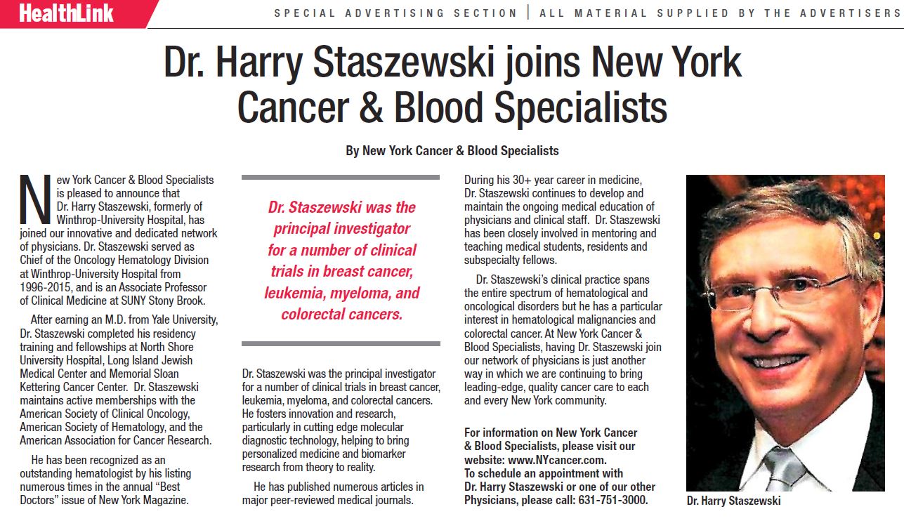 Dr. Harry Staszewski joins New York Cancer & Blood Specialists image